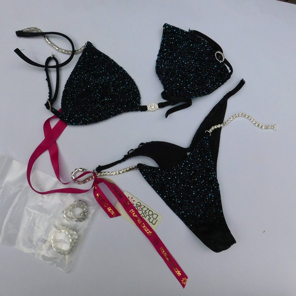 Muscle Dazzle Competition Bikini Suit Small Blue & Black Stone